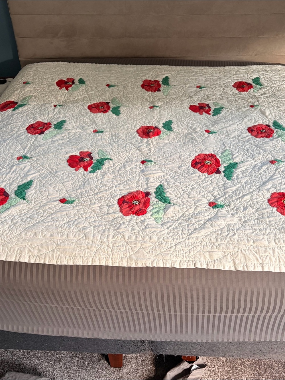 Hand Crafted White Quilt with Red Floral Appliqué